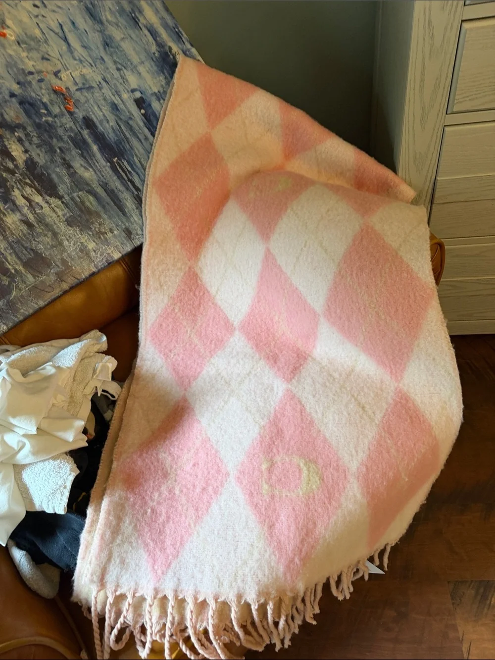 Coach Pink and Cream Argyle Diamond Throw with Subtle Logo